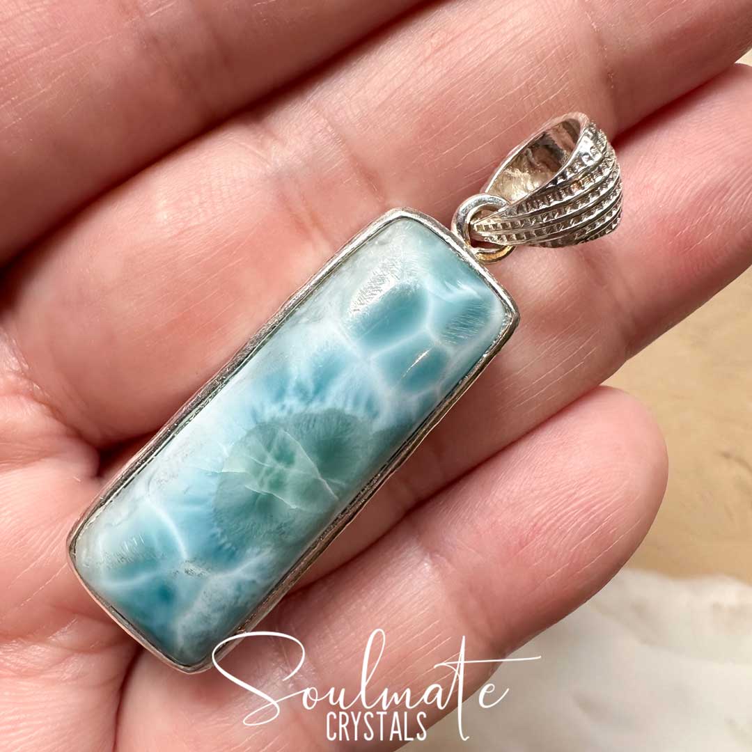 Soulmate Crystals Larimar Polished Crystal Pendant Oblong Sterling Silver Grade AA, Rare Blue Crystal for Truth, Love, Peace, Harmony, Cabachon, Crystal Jewellery, Statement Larimar Crystal Oblong 