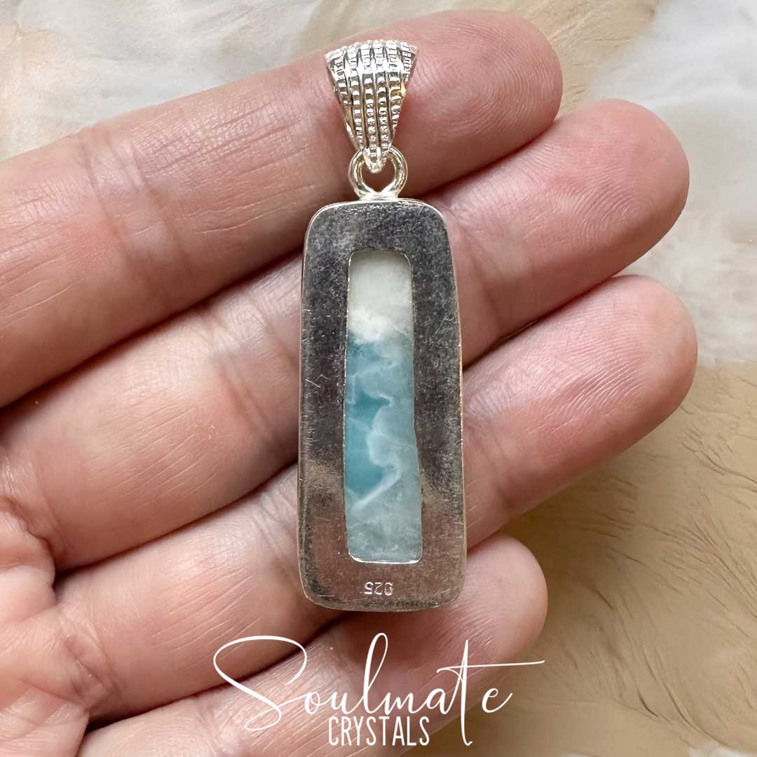 Soulmate Crystals Larimar Polished Crystal Pendant Oblong Sterling Silver Grade AA, Rare Blue Crystal for Truth, Love, Peace, Harmony, Cabachon, Crystal Jewellery, Statement Larimar Crystal Oblong 