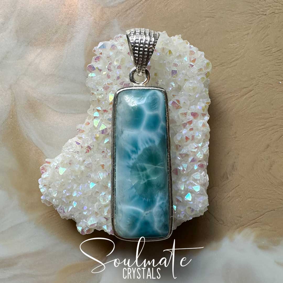 Soulmate Crystals Larimar Polished Crystal Pendant Oblong Sterling Silver Grade AA, Rare Blue Crystal for Truth, Love, Peace, Harmony, Cabachon, Crystal Jewellery, Statement Larimar Crystal Oblong 