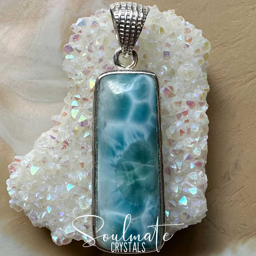 Soulmate Crystals Larimar Polished Crystal Pendant Oblong Sterling Silver Grade AA, Rare Blue Crystal for Truth, Love, Peace, Harmony, Cabachon, Crystal Jewellery, Statement Larimar Crystal Oblong 