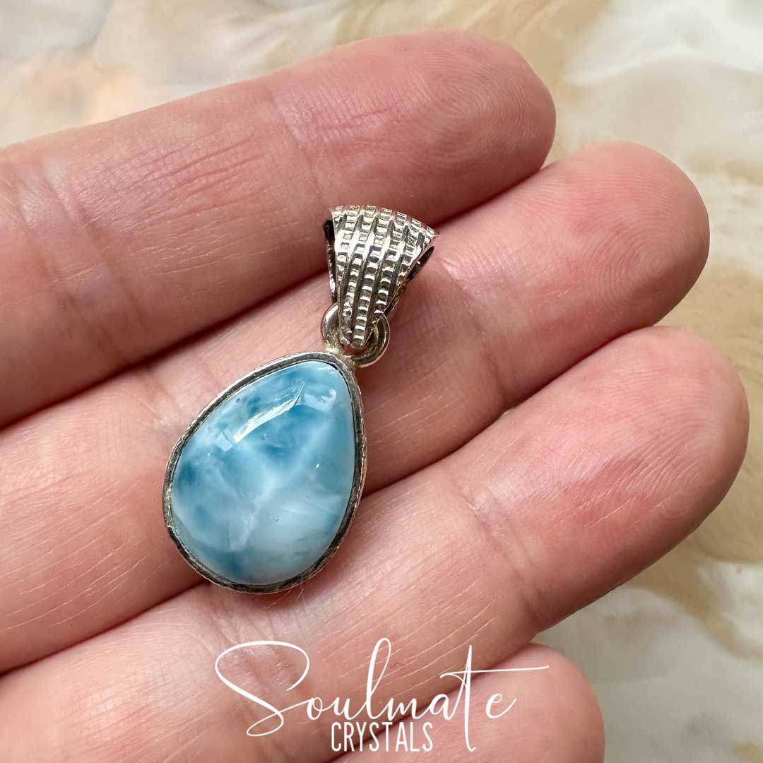 Soulmate Crystals Larimar Polished Crystal Pendant Teardrop Sterling Silver Grade AA, Rare Blue Crystal for Truth, Love, Peace, Harmony, Cabachon, Crystal Jewellery, Statement Larimar Crystal Teardrop