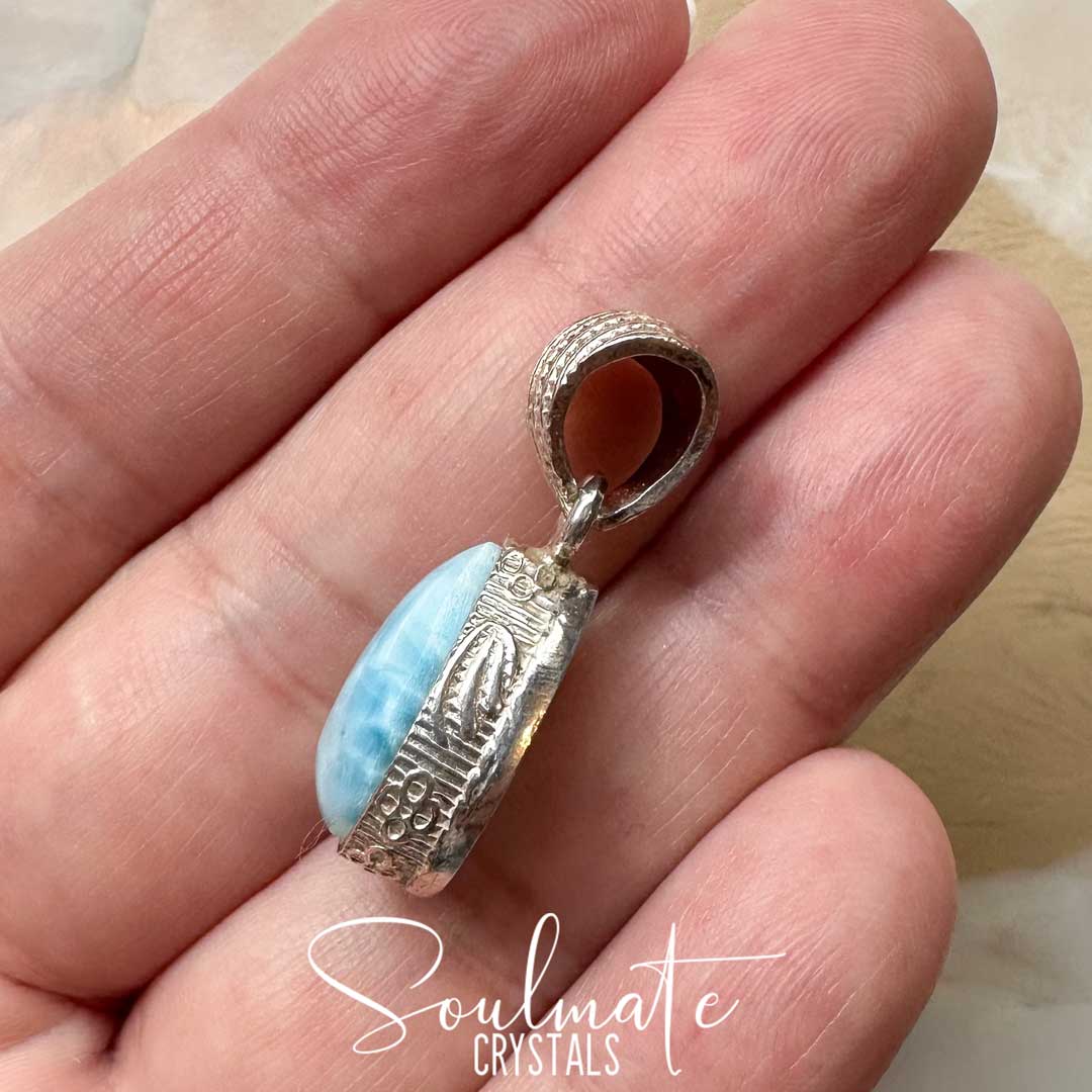 Soulmate Crystals Larimar Polished Crystal Pendant Teardrop Sterling Silver Grade AA, Rare Blue Crystal for Truth, Love, Peace, Harmony, Cabachon, Crystal Jewellery, Statement Larimar Crystal Teardrop