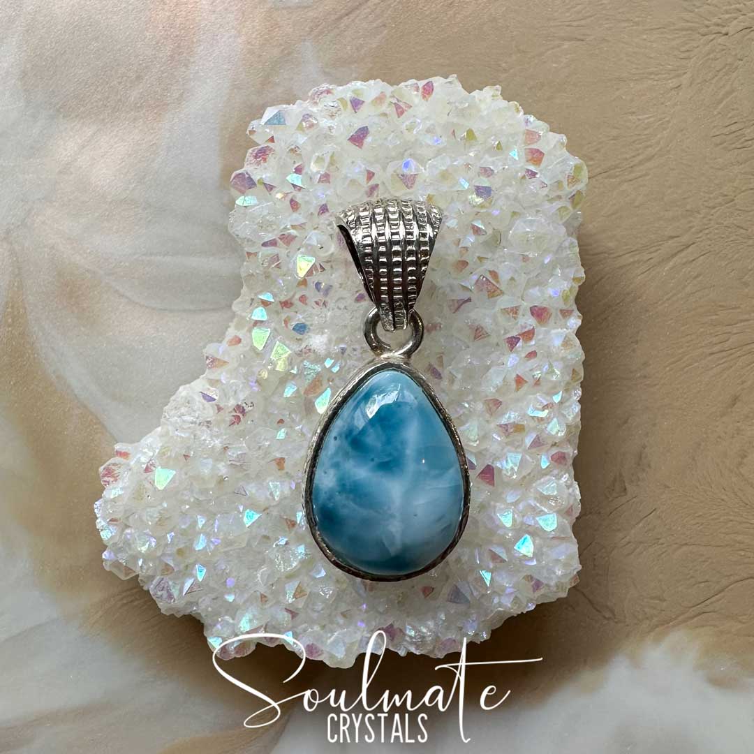 Soulmate Crystals Larimar Polished Crystal Pendant Teardrop Sterling Silver Grade AA, Rare Blue Crystal for Truth, Love, Peace, Harmony, Cabachon, Crystal Jewellery, Statement Larimar Crystal Teardrop