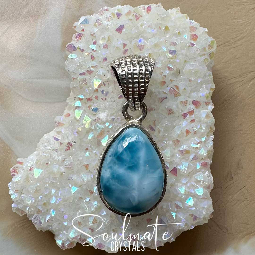 Soulmate Crystals Larimar Polished Crystal Pendant Teardrop Sterling Silver Grade AA, Rare Blue Crystal for Truth, Love, Peace, Harmony, Cabachon, Crystal Jewellery, Statement Larimar Crystal Teardrop