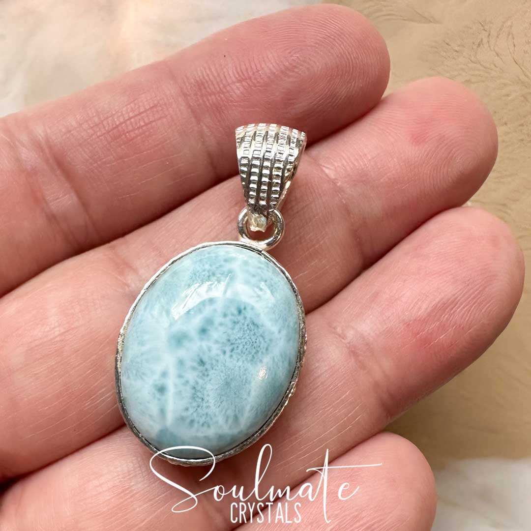 Soulmate Crystals Larimar Polished Crystal Pendant Oval Sterling Silver Grade A Plus, Rare Blue Crystal for Truth, Love, Peace, Harmony, Cabachon, Crystal Jewellery, Statement Larimar Crystal Oval