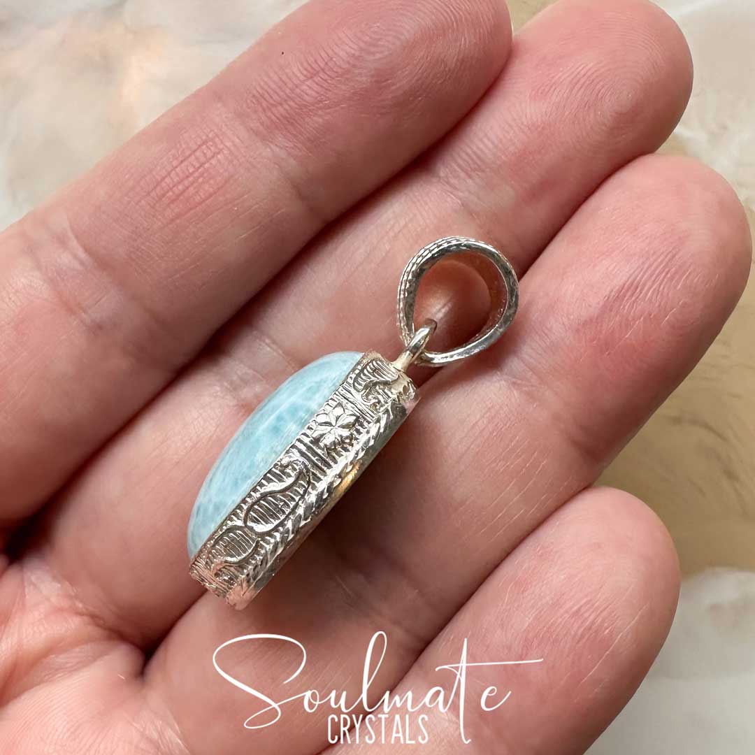 Soulmate Crystals Larimar Polished Crystal Pendant Oval Sterling Silver Grade A Plus, Rare Blue Crystal for Truth, Love, Peace, Harmony, Cabachon, Crystal Jewellery, Statement Larimar Crystal Oval