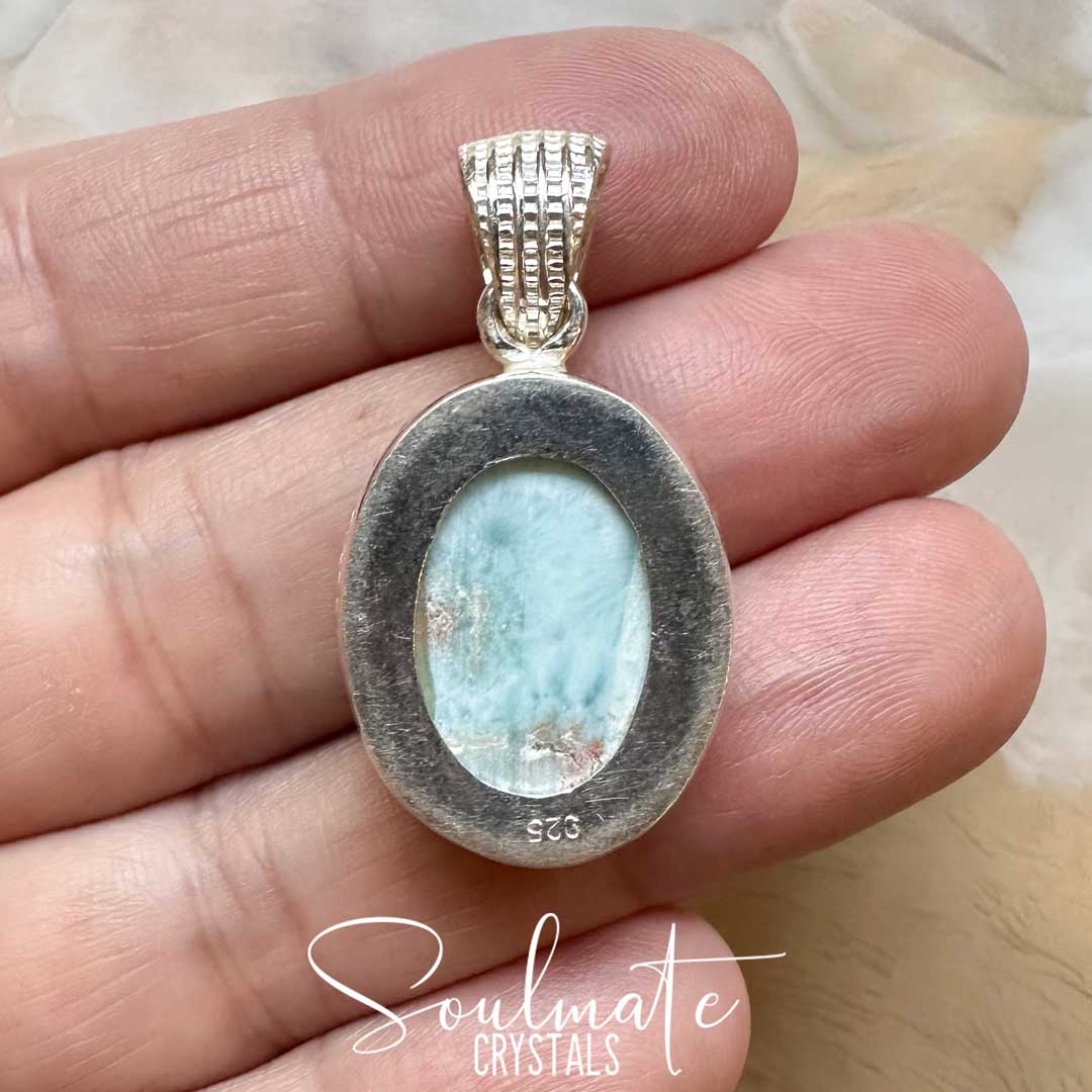 Soulmate Crystals Larimar Polished Crystal Pendant Oval Sterling Silver Grade A Plus, Rare Blue Crystal for Truth, Love, Peace, Harmony, Cabachon, Crystal Jewellery, Statement Larimar Crystal Oval