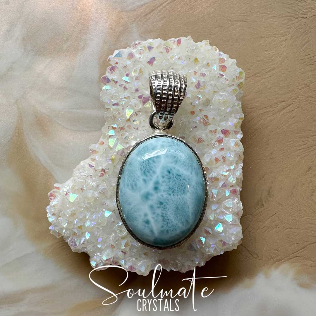 Soulmate Crystals Larimar Polished Crystal Pendant Oval Sterling Silver Grade A Plus, Rare Blue Crystal for Truth, Love, Peace, Harmony, Cabachon, Crystal Jewellery, Statement Larimar Crystal Oval