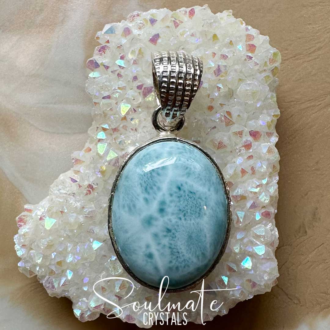 Soulmate Crystals Larimar Polished Crystal Pendant Oval Sterling Silver Grade A Plus, Rare Blue Crystal for Truth, Love, Peace, Harmony, Cabachon, Crystal Jewellery, Statement Larimar Crystal Oval