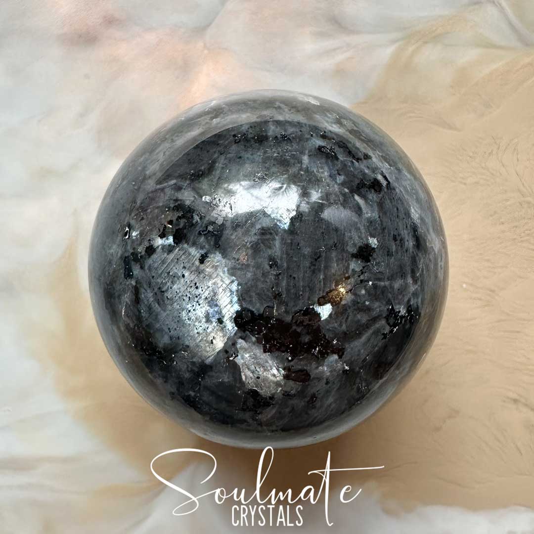 Soulmate Crystals Larvikite Polished Crystal Sphere, Grey Black Feldspar Stone, Blue Silver Flash for Intuition, Manifestation.