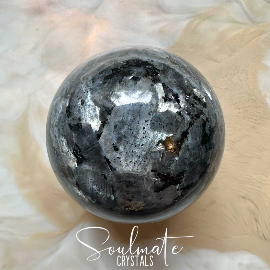 Soulmate Crystals Larvikite Polished Crystal Sphere, Grey Black Feldspar Stone, Blue Silver Flash for Intuition, Manifestation.