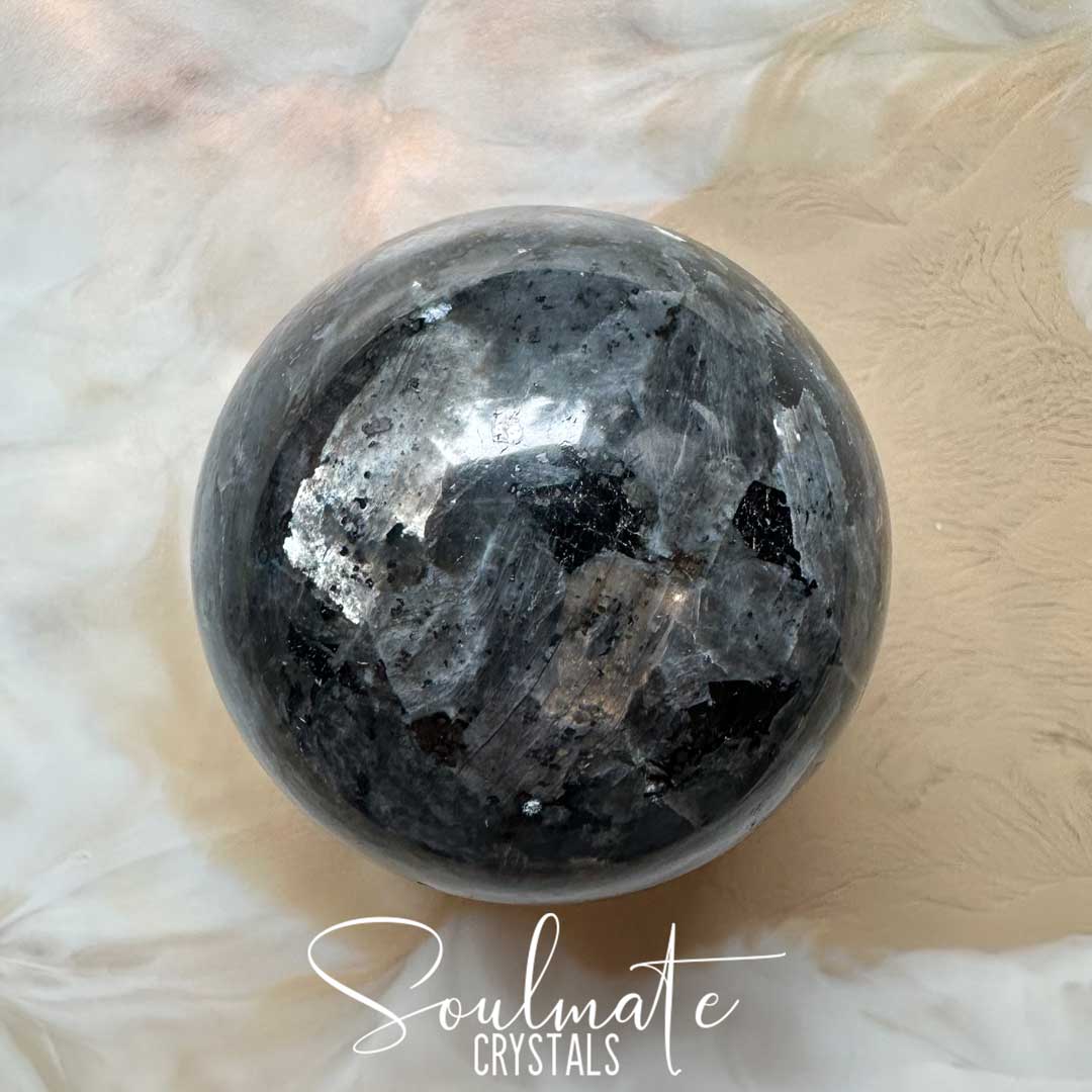 Soulmate Crystals Larvikite Polished Crystal Sphere, Grey Black Feldspar Stone, Blue Silver Flash for Intuition, Manifestation.