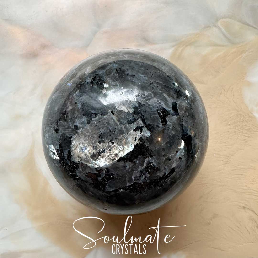 Soulmate Crystals Larvikite Polished Crystal Sphere, Grey Black Feldspar Stone, Blue Silver Flash for Intuition, Manifestation.