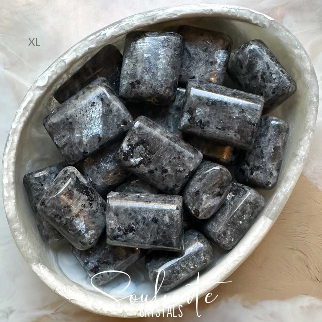 Soulmate Crystals Larvikite Tumbled Stone, Grey Black Crystal, Silvery Blue Flash Crystal for Protection, Grounding, Comfort, Intuition, Awareness.