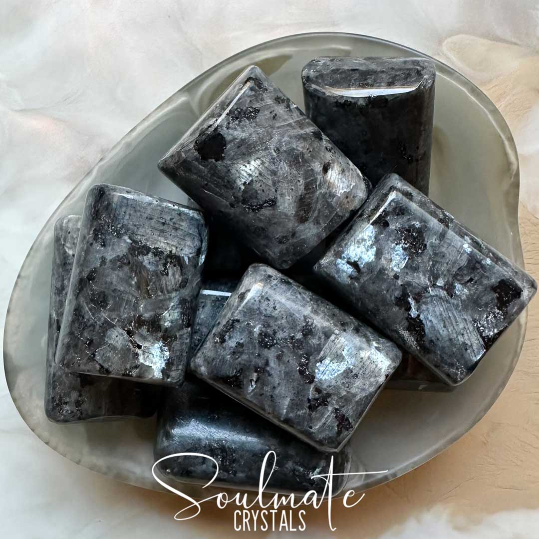 Soulmate Crystals Larvikite Tumbled Stone, Grey Black Crystal, Silvery Blue Flash Crystal for Protection, Grounding, Comfort, Intuition, Awareness.