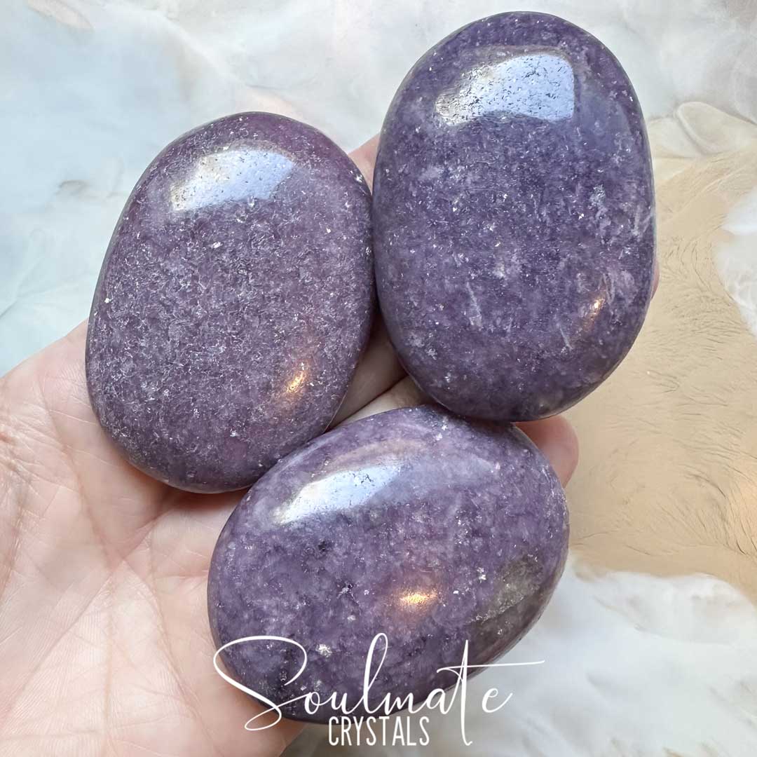 Soulmate Crystals Lepidolite Polished Crystal Palm Stone Oval Shape, Lilac Purple Crystal for Calming, Balance, Restful Sleep, Soothing Tension, Emotional Wellbeing.