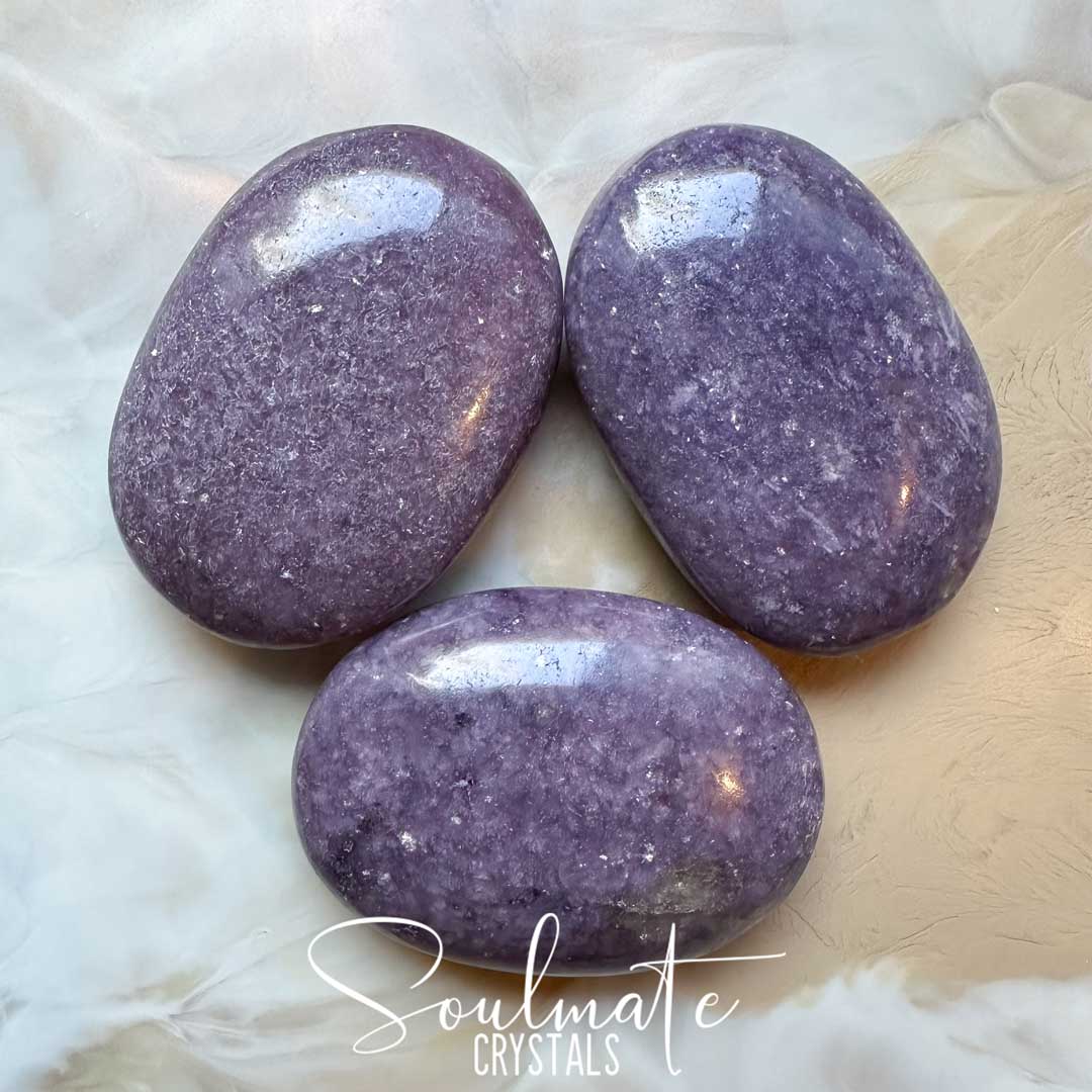 Soulmate Crystals Lepidolite Polished Crystal Palm Stone Oval Shape, Lilac Purple Crystal for Calming, Balance, Restful Sleep, Soothing Tension, Emotional Wellbeing.