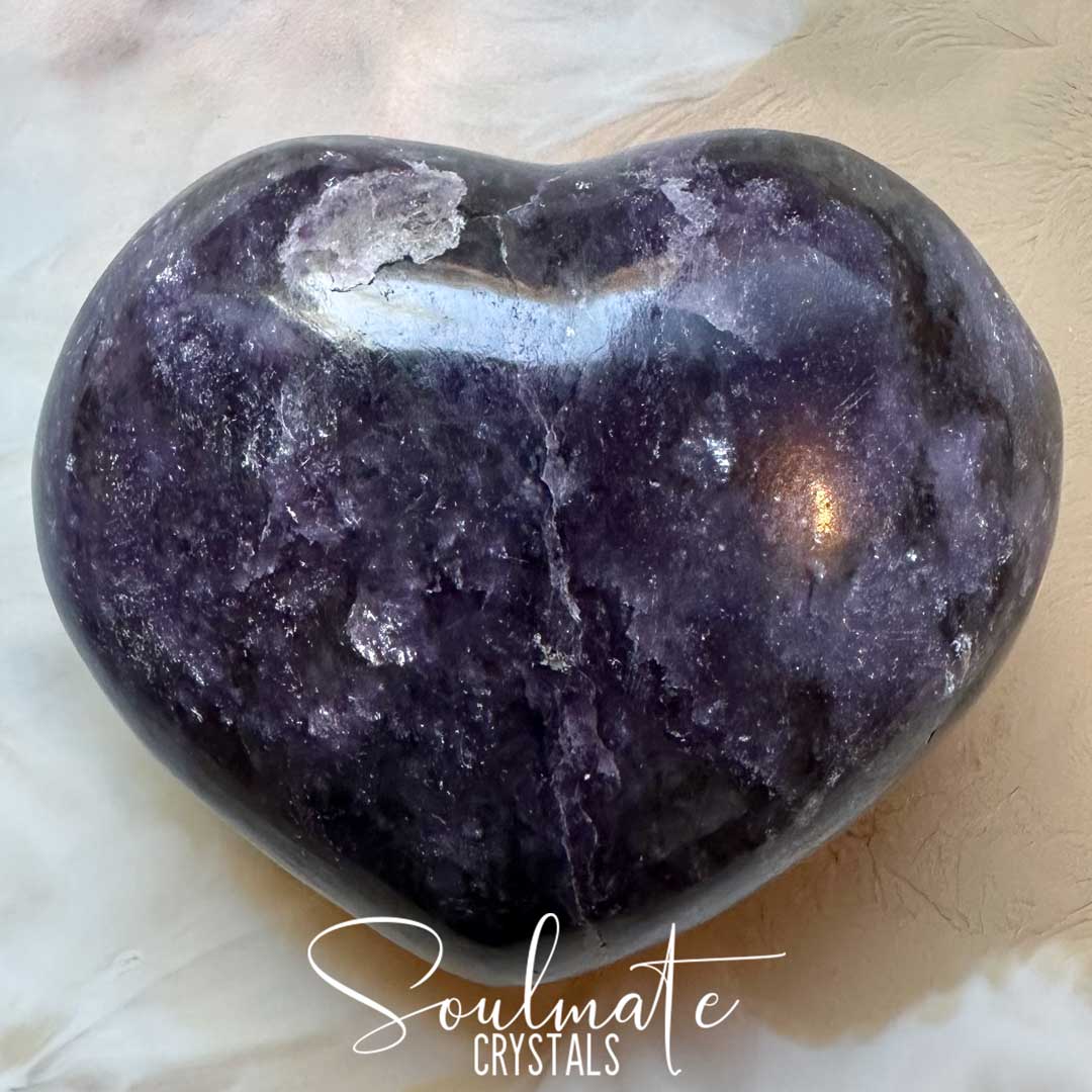 Soulmate Crystals Lepidolite Polished Crystal Puffy Heart, Dark Purple Crystal for Balance, Calming, Soothing Tension.