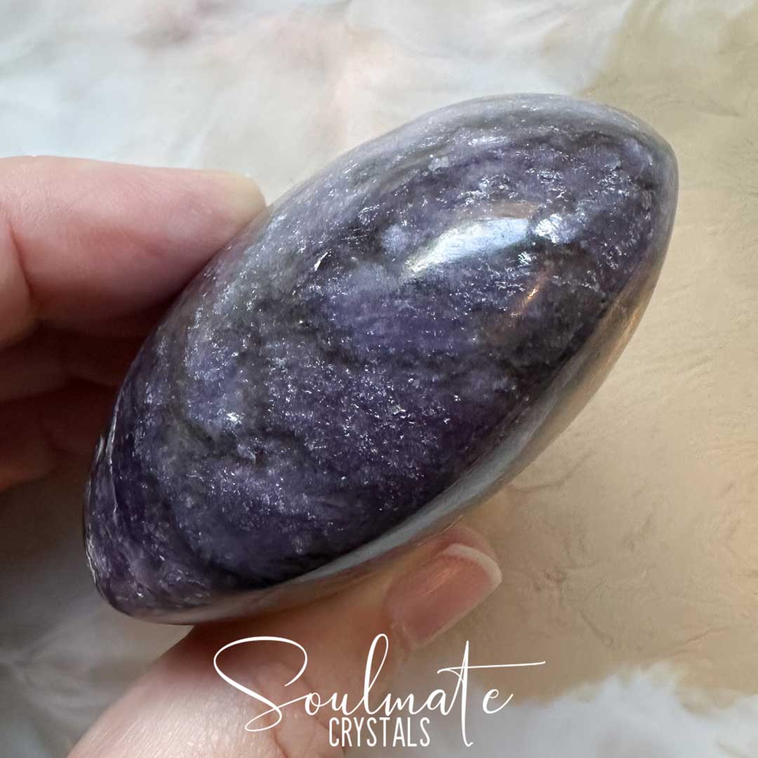 Soulmate Crystals Lepidolite Polished Crystal Puffy Heart, Dark Purple Crystal for Balance, Calming, Soothing Tension.