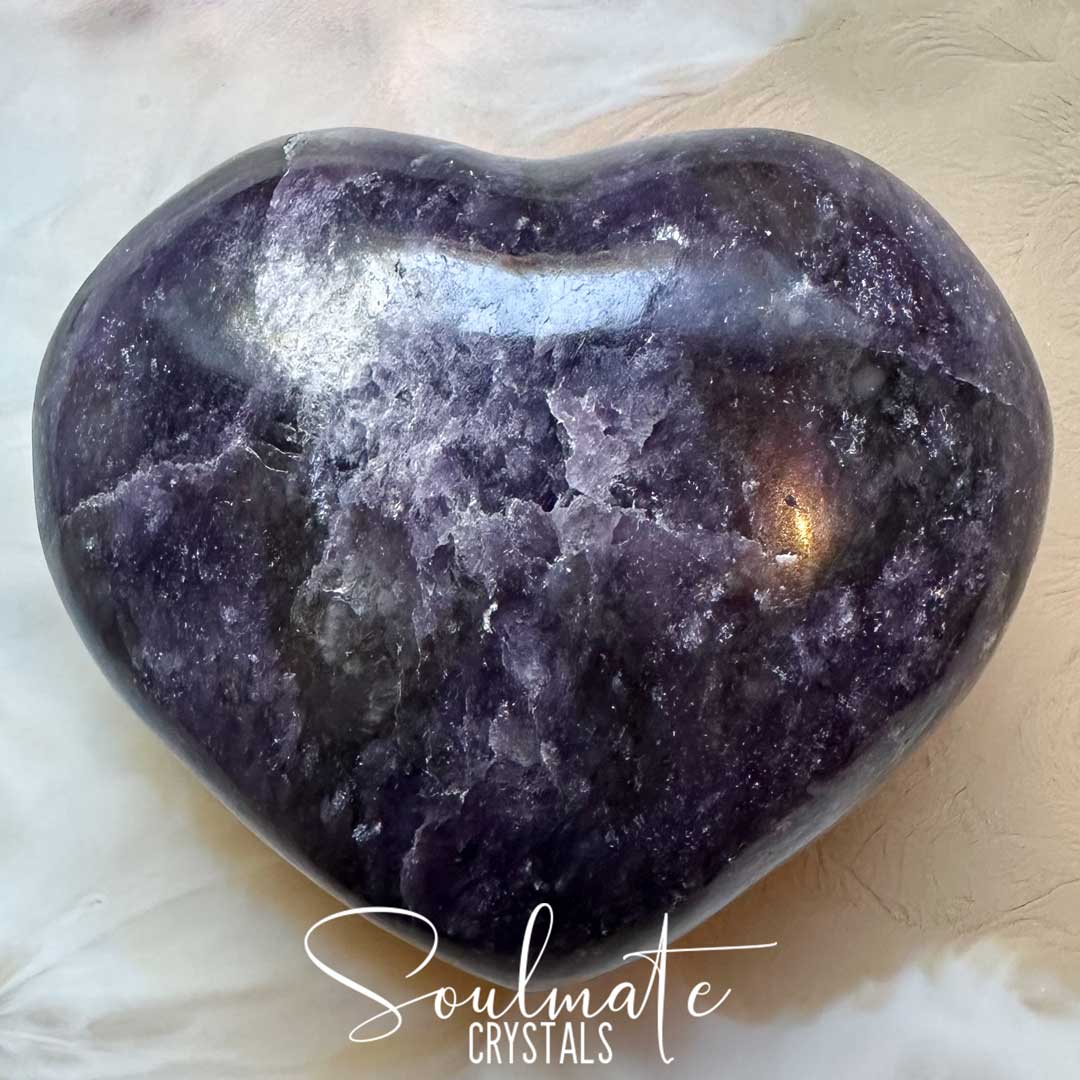 Soulmate Crystals Lepidolite Polished Crystal Puffy Heart, Dark Purple Crystal for Balance, Calming, Soothing Tension.