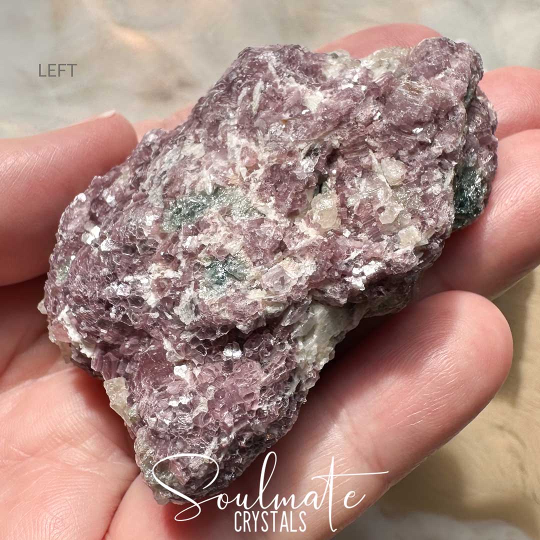 Soulmate Crystals Lepidolite Tourmaline Green Raw Natural Stone, Lavender, Lilac Matrix Green Gem Crystal Inclusions for Balance, Emotional Wellbeing, Relaxation, Meditation, Sleep, Calming, Heart Chakra Nurturing, Connection.