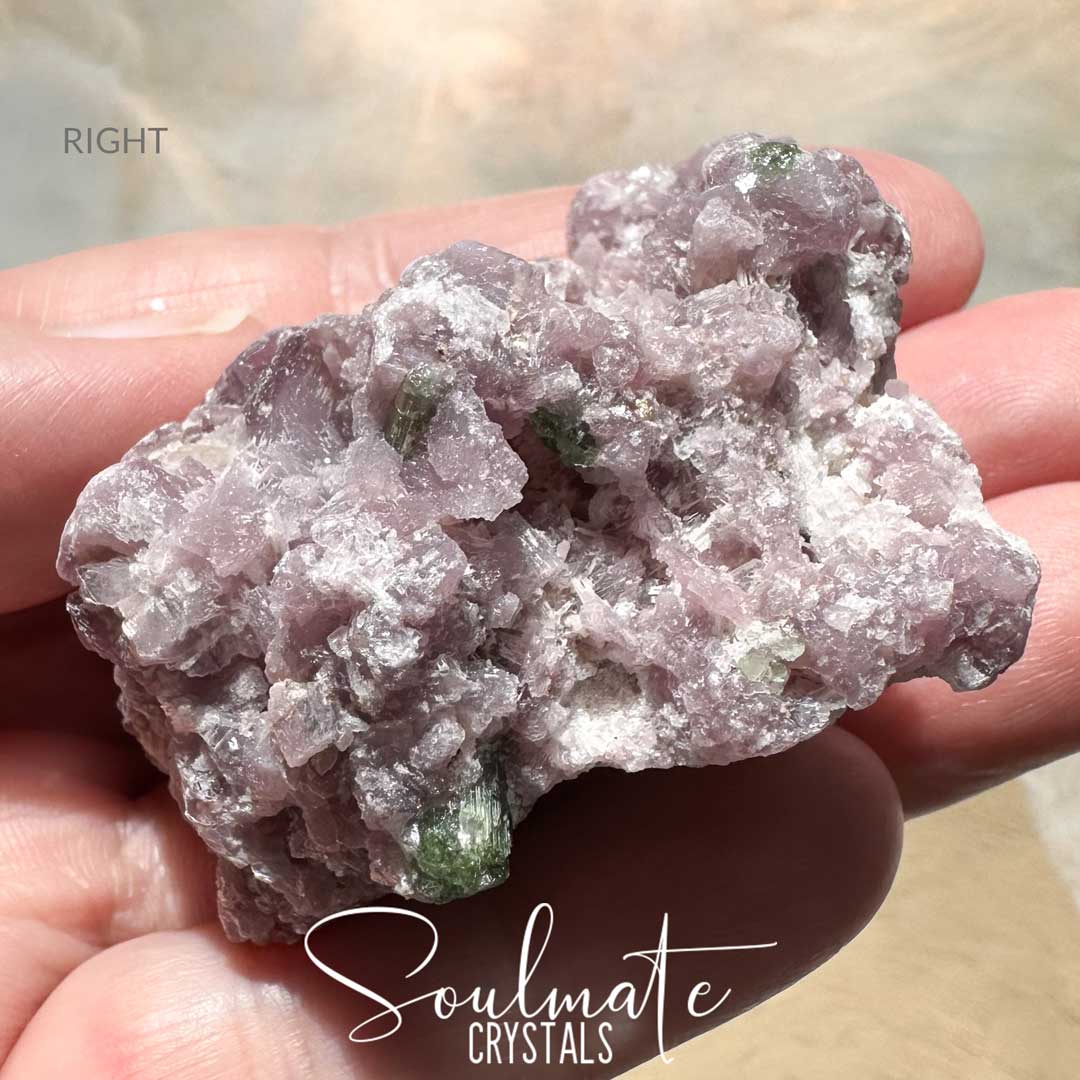 Soulmate Crystals Lepidolite Tourmaline Green Raw Natural Stone, Lavender, Lilac Matrix Green Gem Crystal Inclusions for Balance, Emotional Wellbeing, Relaxation, Meditation, Sleep, Calming, Heart Chakra Nurturing, Connection.