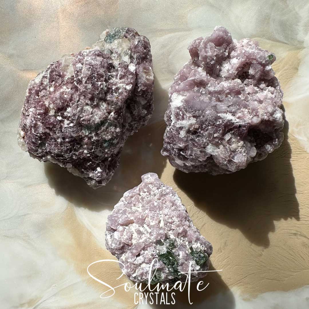 Soulmate Crystals Lepidolite Tourmaline Green Raw Natural Stone, Lavender, Lilac Matrix Green Gem Crystal Inclusions for Balance, Emotional Wellbeing, Relaxation, Meditation, Sleep, Calming, Heart Chakra Nurturing, Connection.