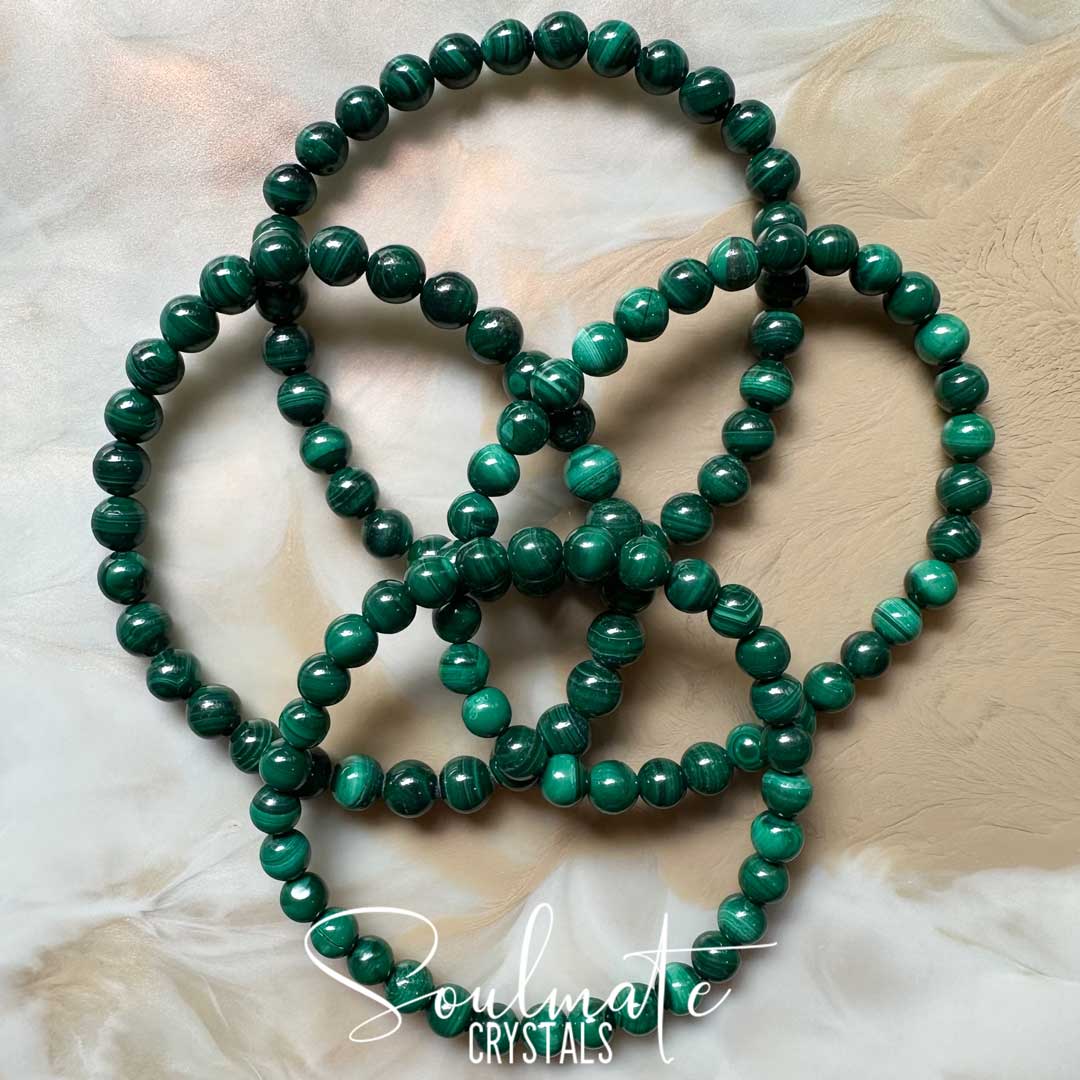 Soulmate Crystals Malachite Polished Crystal Bracelet, Round Beaded Green Stone Stretchy Bracelet with circular patterns for Personal Power, Transformation Crystal.