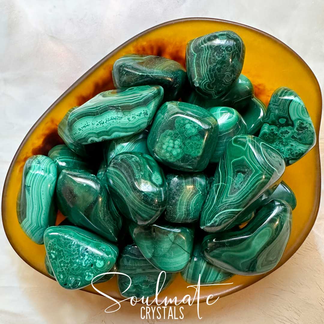 Soulmate Crystals Malachite Tumbled Stone, Polished Bright Green Stone with circular patterns for Personal Power, Transformation Crystal