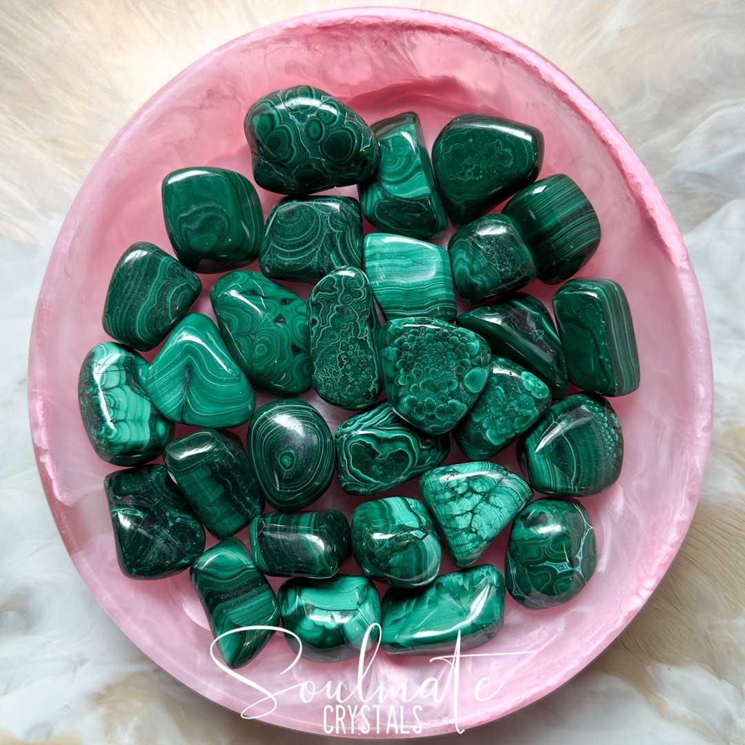 Soulmate Crystals Malachite Tumbled Stone, Polished Bright Green Stone with circular patterns for Personal Power, Transformation Crystal