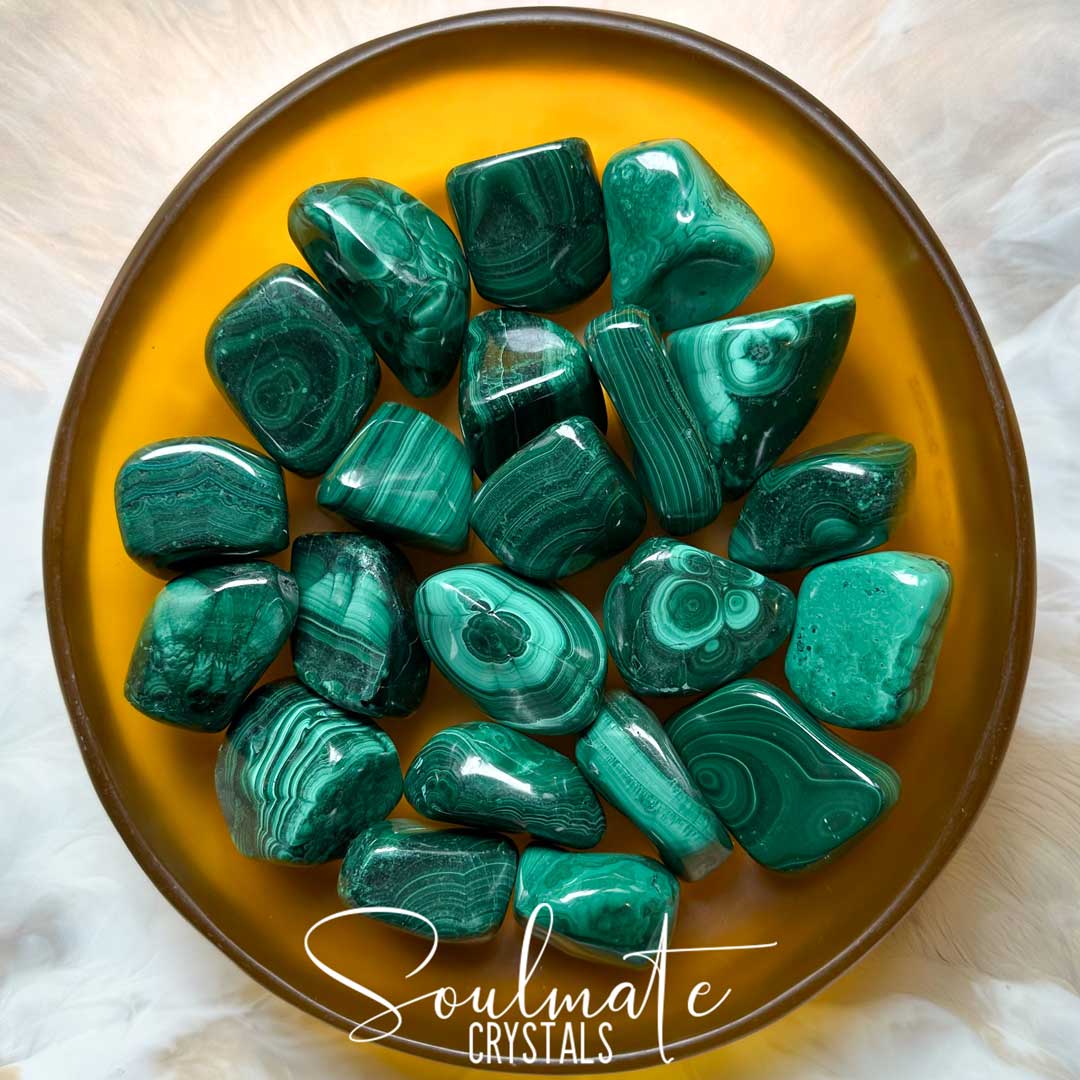 Soulmate Crystals Malachite Tumbled Stone, Polished Bright Green Stone with circular patterns for Personal Power, Transformation Crystal