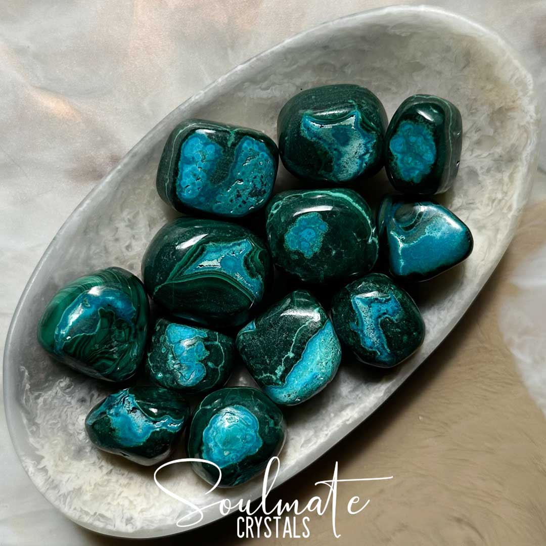 Soulmate Crystals Malacolla Malachite Chrysocolla Tumbled Stone, Combination Blue Green Crystal for Protection, Detoxification and Transformation.