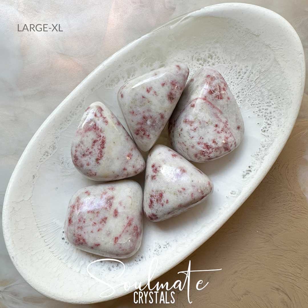 Soulmate Crystals Meonite Wairakite Thulite Tumbled Stone, White Crystal Pink Inclusions for Intention, Empowerment, Emotional Wellbeing, Spiritual Development, Higher-elf Connection, Clarity, Manifestation, Heart-Centred Desires, Personal Growth, Transformation, Self-Actualisation.