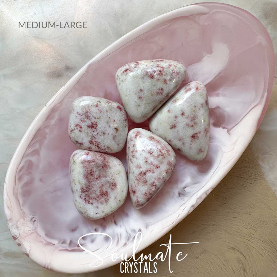 Soulmate Crystals Meonite Wairakite Thulite Tumbled Stone, White Crystal Pink Inclusions for Intention, Empowerment, Emotional Wellbeing, Spiritual Development, Higher-elf Connection, Clarity, Manifestation, Heart-Centred Desires, Personal Growth, Transformation, Self-Actualisation.