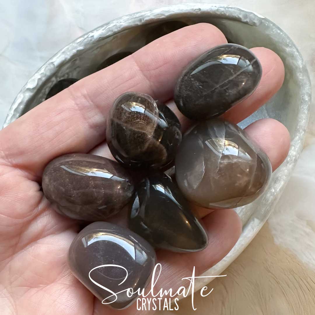 Soulmate Crystals Moonstone Silver Tumbled Stone, Black Grey Crystal for Soulmate Crystals Black Moonstone Tumbled Stone, Black Crystal for Intention Setting, Manifestation, Creativity and New Moon Rituals, Pearlescent Sheen, Rare Polished Mineral.