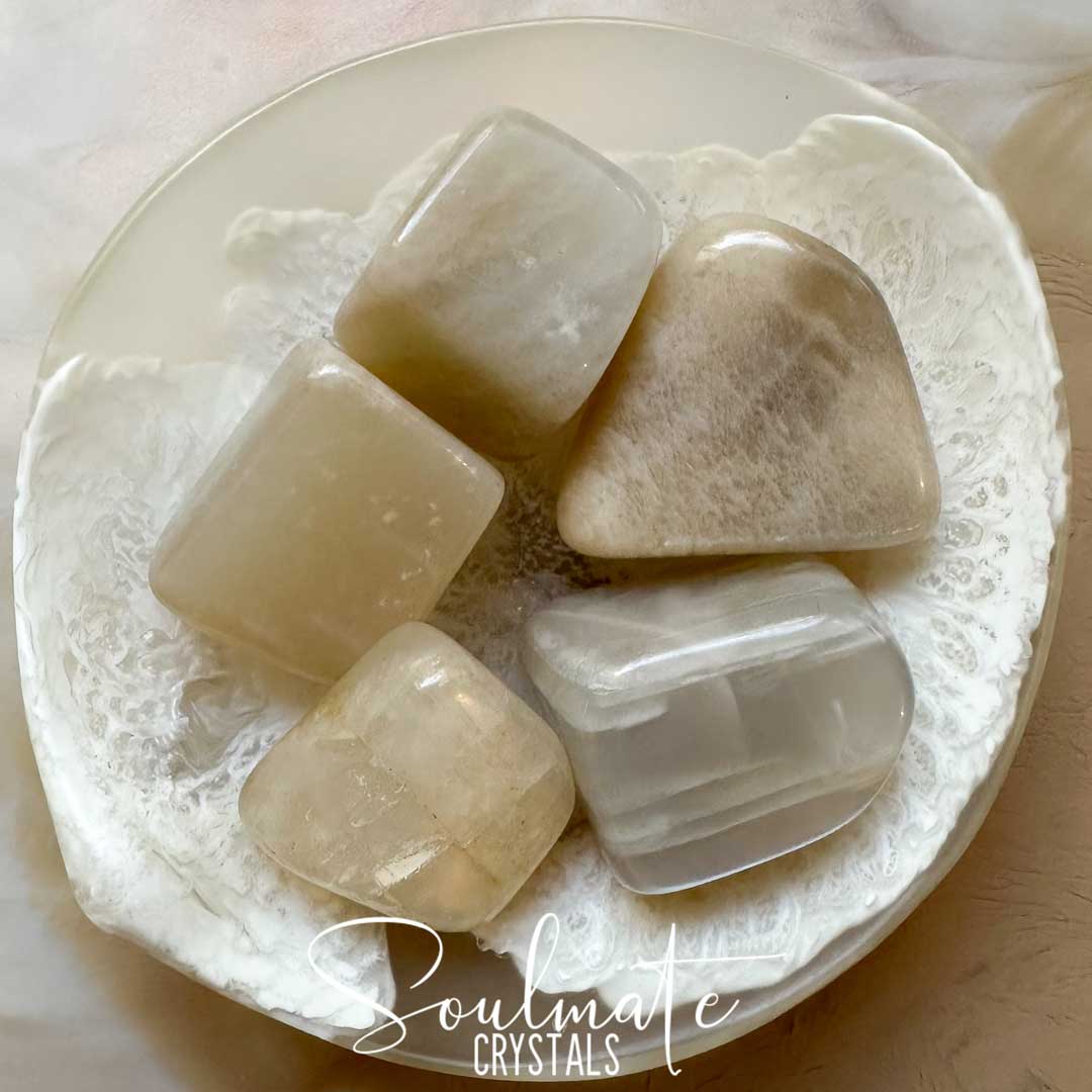 Soulmate Crystals Cream Moonstone Tumbled Stone, Polished Pearly Cream Crystal for Intuition, Emotional Wellbeing, Divine Feminine, Goddess, Moon Energy.