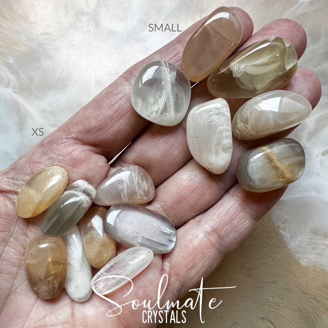 Soulmate Crystals Earth Mix Moonstone Tumbled Stone, Polished Peach, Cream, Silver, White Crystal for Emotional Wellbeing, Moon Energy, Activates Intuition, Enhances Metaphysical Abilities, Balances Masculine Feminine Energies.