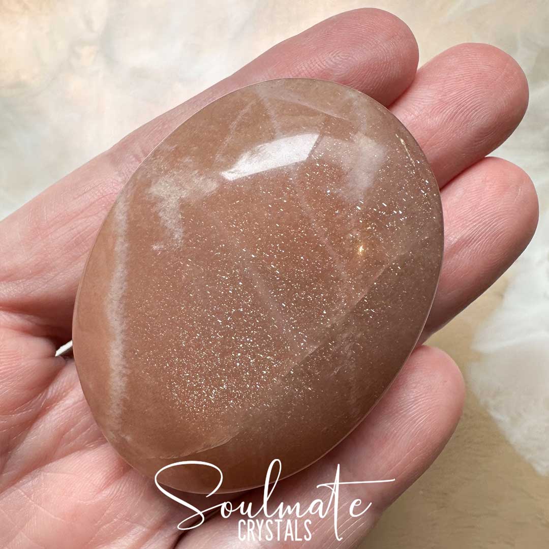 Soulmate Crystals Moonstone Peach Polished Crystal Palm Stone Oval, Polished Peach Crystal for Emotional Wellbeing, Intuition, Creativity, Perception, Mindfulness.