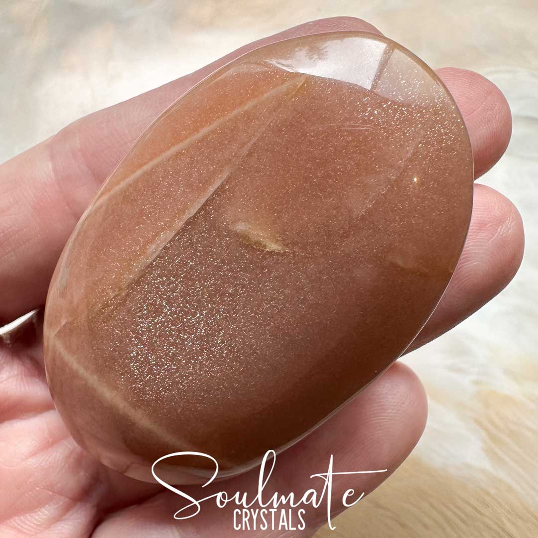 Soulmate Crystals Moonstone Peach Polished Crystal Palm Stone Oval, Polished Peach Crystal for Emotional Wellbeing, Intuition, Creativity, Perception, Mindfulness.