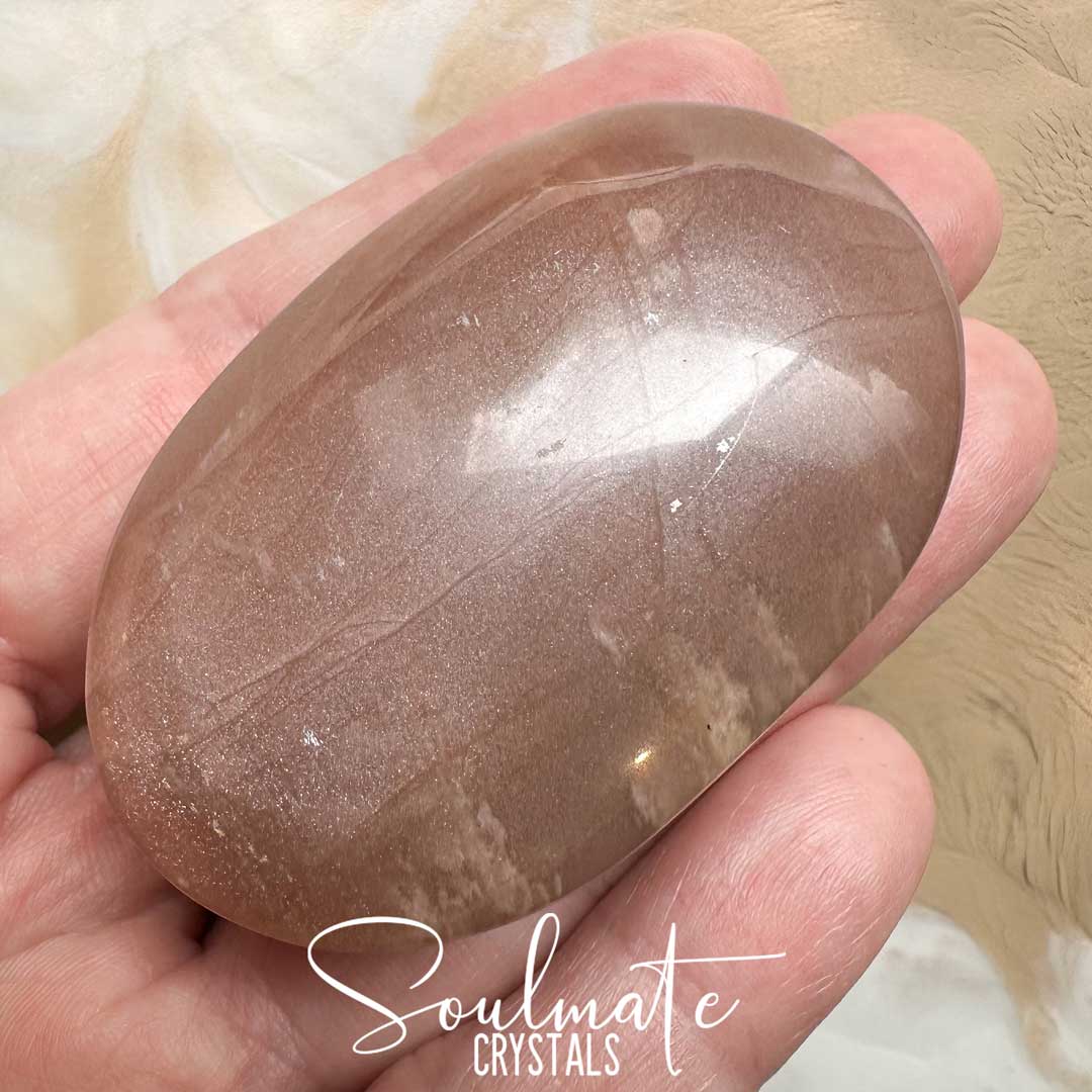 Soulmate Crystals Moonstone Peach Polished Crystal Palm Stone Oval, Polished Peach Crystal for Emotional Wellbeing, Intuition, Creativity, Perception, Mindfulness.
