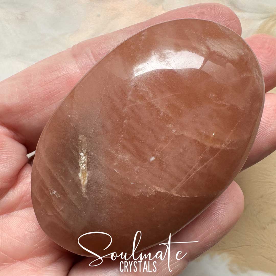 Soulmate Crystals Moonstone Peach Polished Crystal Palm Stone Oval, Polished Peach Crystal for Emotional Wellbeing, Intuition, Creativity, Perception, Mindfulness.