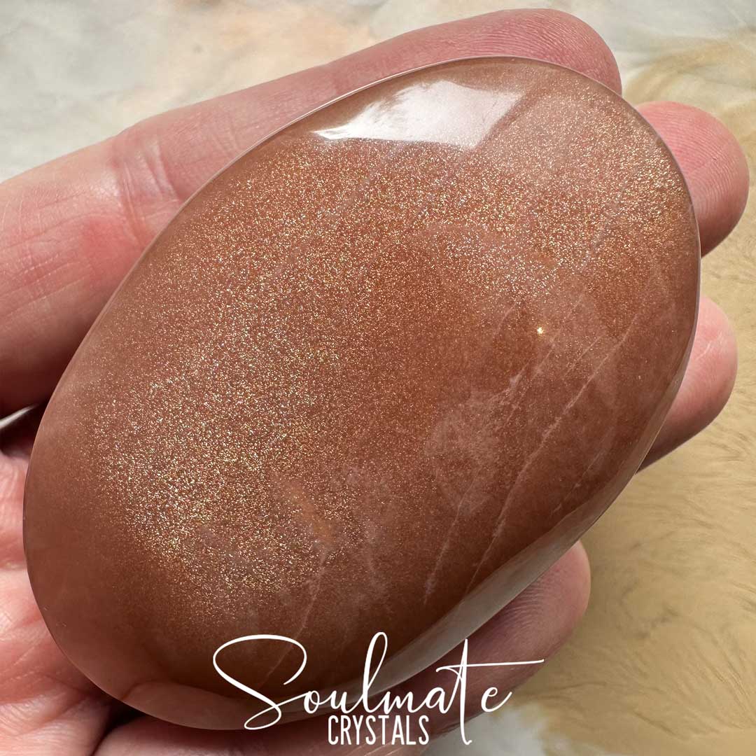 Soulmate Crystals Moonstone Peach Polished Crystal Palm Stone Oval, Polished Peach Crystal for Emotional Wellbeing, Intuition, Creativity, Perception, Mindfulness.