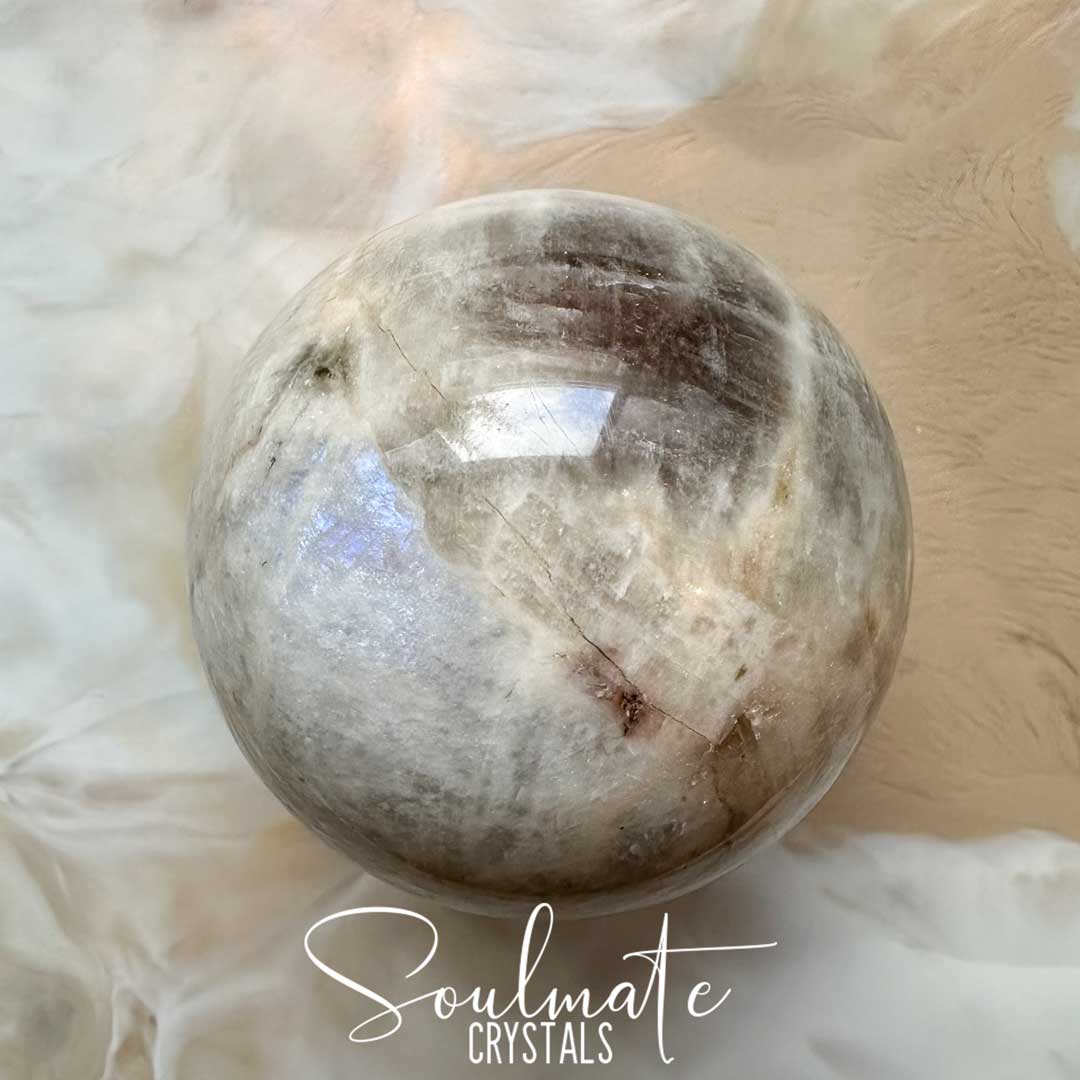 Soulmate Crystals Moonstone Polished Crystal Sphere, Polished Black, Brown, Cream, Silver, White Crystal for Emotional Wellbeing, Moon Energy, Activates Intuition, Enhances Metaphysical Abilities, Balances Masculine Feminine Energies.