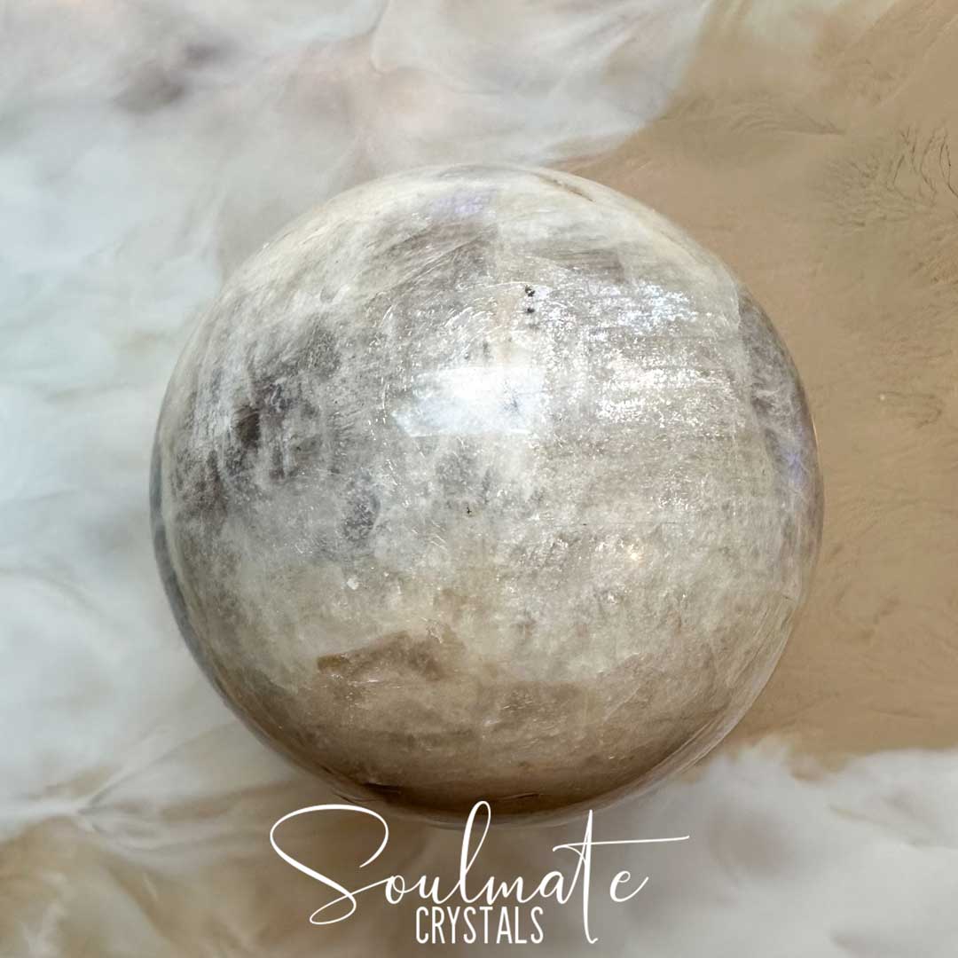Soulmate Crystals Moonstone Polished Crystal Sphere, Polished Black, Brown, Cream, Silver, White Crystal for Emotional Wellbeing, Moon Energy, Activates Intuition, Enhances Metaphysical Abilities, Balances Masculine Feminine Energies.