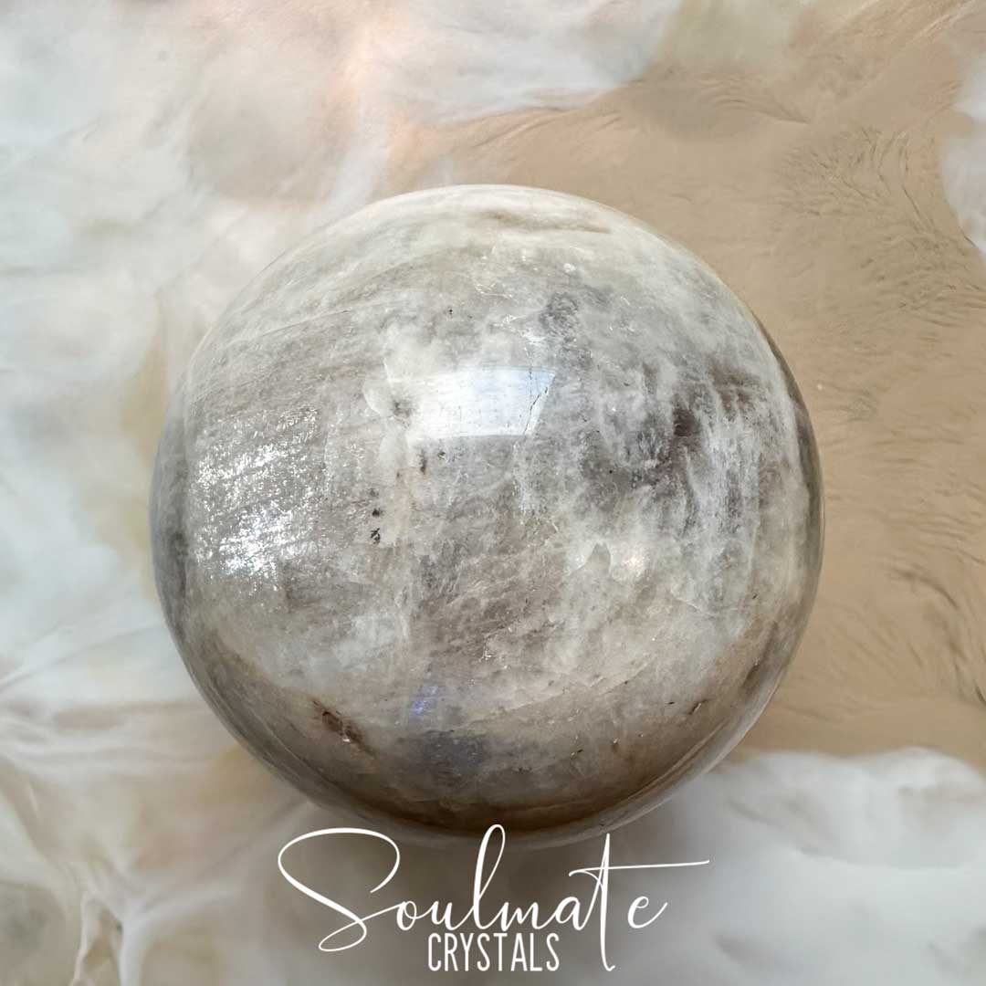 Soulmate Crystals Moonstone Polished Crystal Sphere, Polished Black, Brown, Cream, Silver, White Crystal for Emotional Wellbeing, Moon Energy, Activates Intuition, Enhances Metaphysical Abilities, Balances Masculine Feminine Energies.