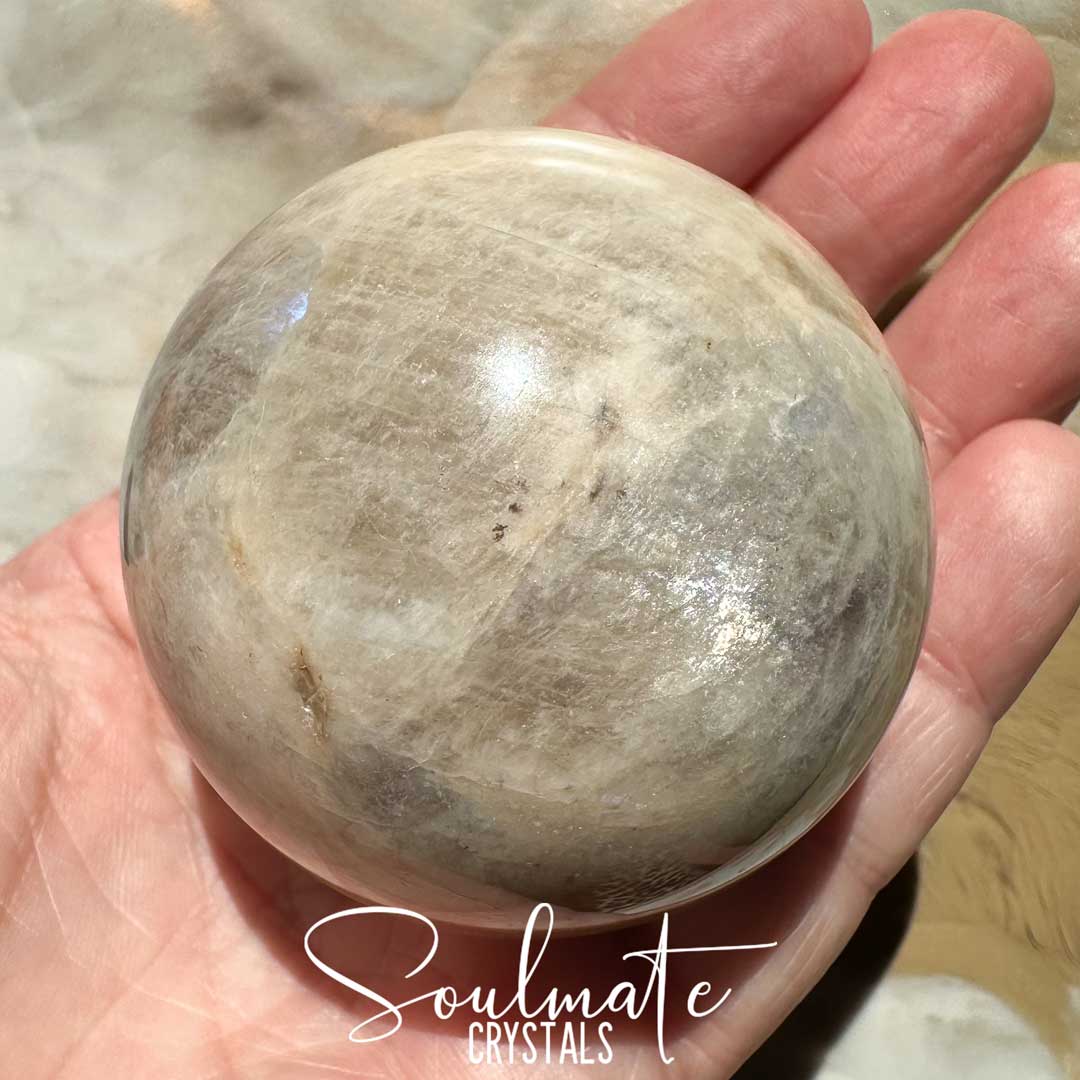 Soulmate Crystals Moonstone Polished Crystal Sphere, Polished Black, Brown, Cream, Silver, White Crystal for Emotional Wellbeing, Moon Energy, Activates Intuition, Enhances Metaphysical Abilities, Balances Masculine Feminine Energies.