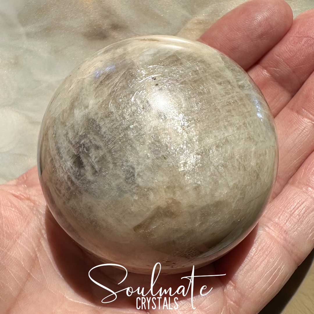 Soulmate Crystals Moonstone Polished Crystal Sphere, Polished Black, Brown, Cream, Silver, White Crystal for Emotional Wellbeing, Moon Energy, Activates Intuition, Enhances Metaphysical Abilities, Balances Masculine Feminine Energies.