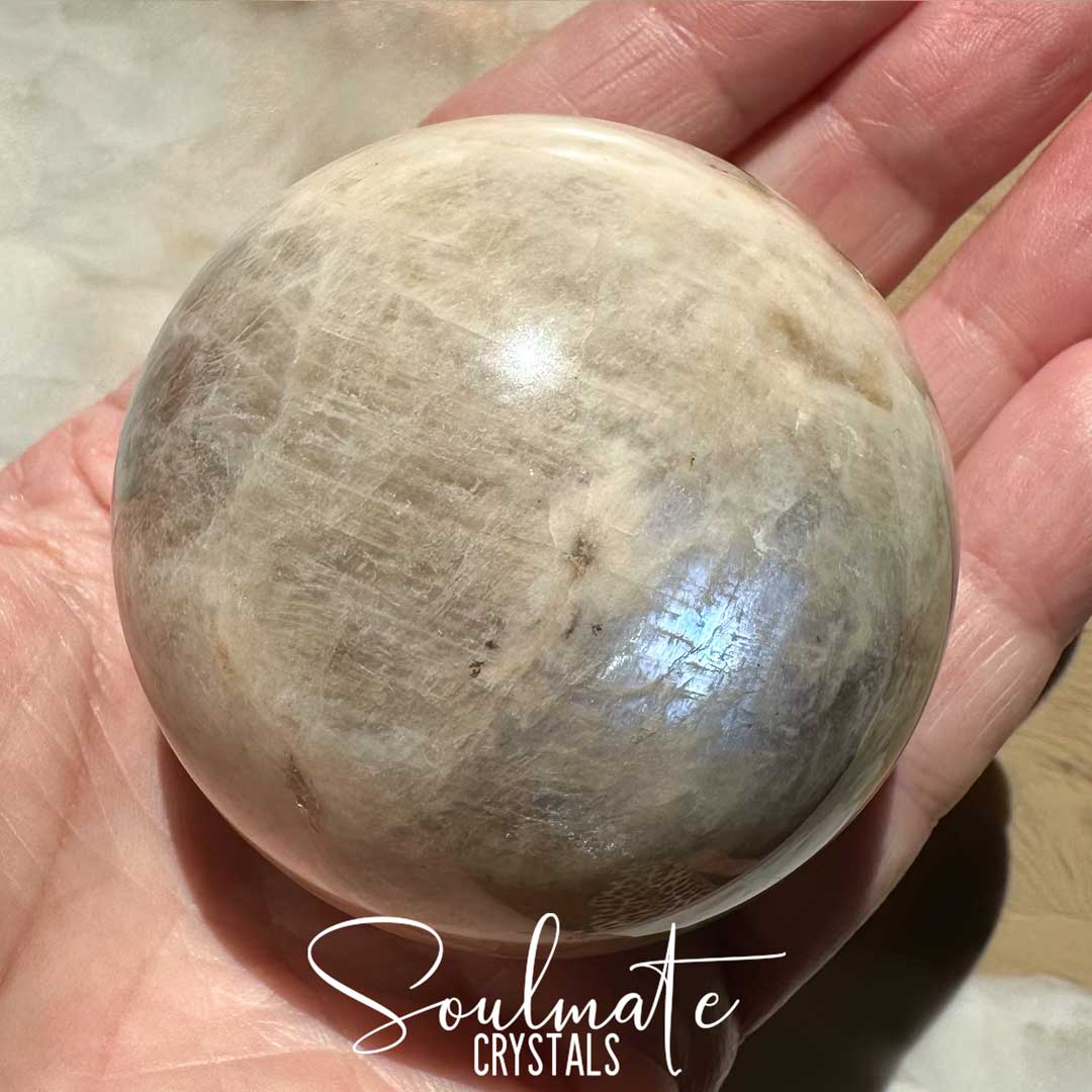 Soulmate Crystals Moonstone Polished Crystal Sphere, Polished Black, Brown, Cream, Silver, White Crystal for Emotional Wellbeing, Moon Energy, Activates Intuition, Enhances Metaphysical Abilities, Balances Masculine Feminine Energies.