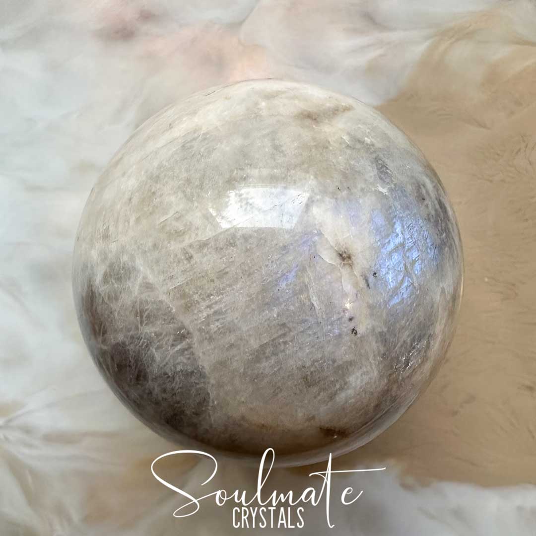 Soulmate Crystals Moonstone Polished Crystal Sphere, Polished Black, Brown, Cream, Silver, White Crystal for Emotional Wellbeing, Moon Energy, Activates Intuition, Enhances Metaphysical Abilities, Balances Masculine Feminine Energies.