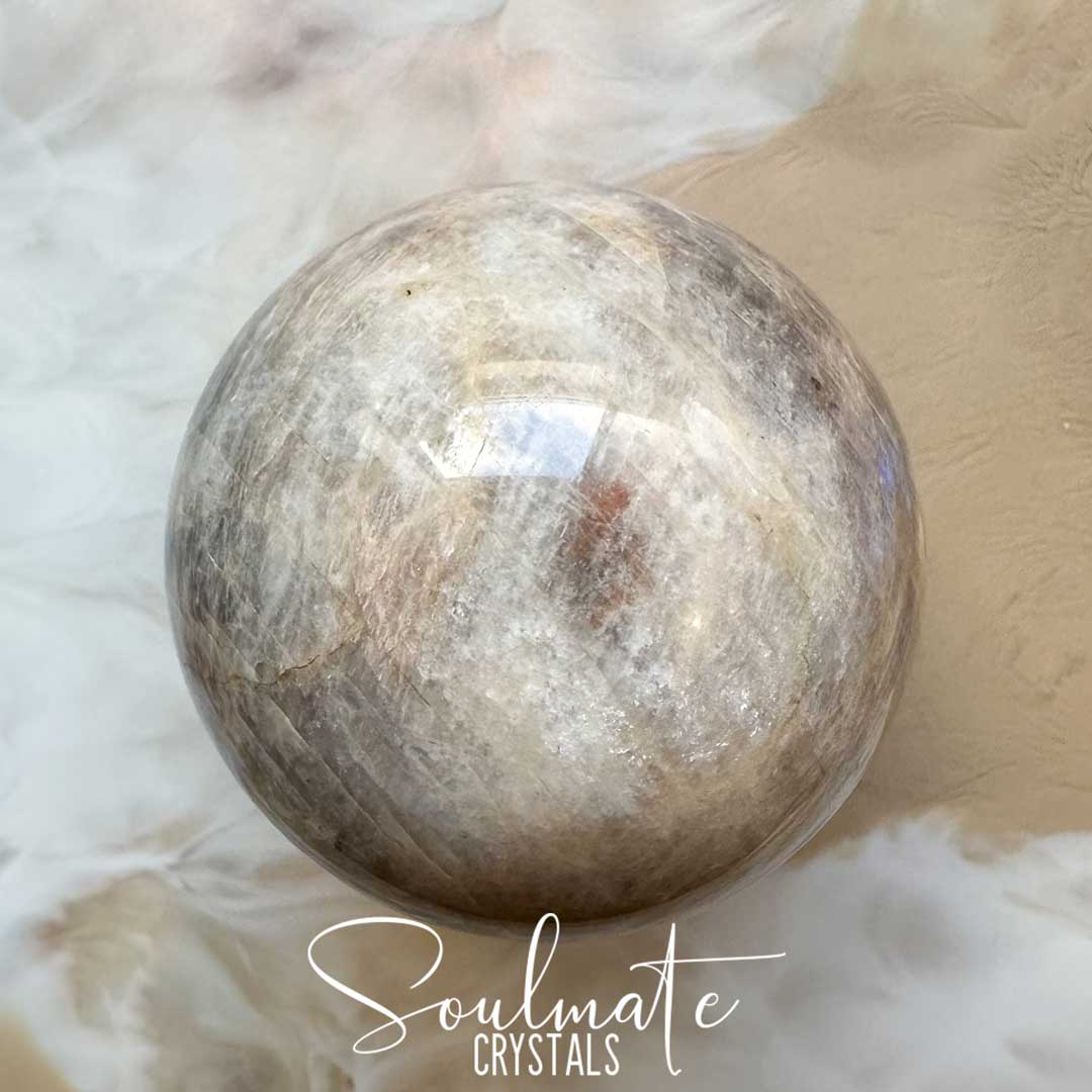 Soulmate Crystals Moonstone Polished Crystal Sphere, Polished Black, Brown, Cream, Silver, White Crystal for Emotional Wellbeing, Moon Energy, Activates Intuition, Enhances Metaphysical Abilities, Balances Masculine Feminine Energies.